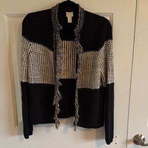 Chico's Arlene Black/Cream Cardigan cotton blend sweater Size 1 (M) fringe